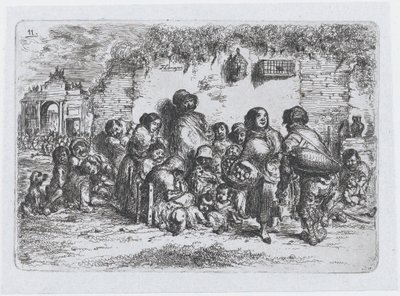 Tavla 11: en grupp människor utomhus, från serien av seder och fritidssysselsättningar från Spani..., 1850. av Francisco Lameyer Berenguer
