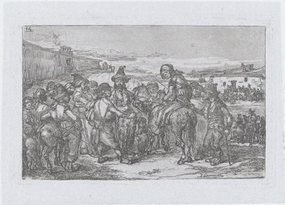 Plåt 14: en stor grupp människor utomhus, möjligen en skådespelare, från serien o..., 1850. av Francisco Lameyer Berenguer