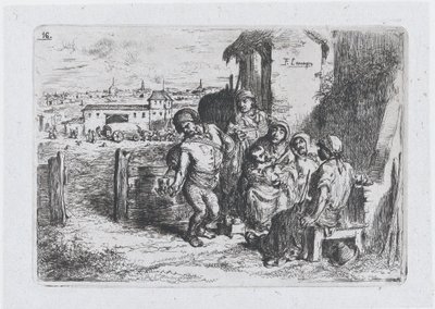 Skylt 16: en grupp människor utomhus, inklusive en man som häller upp vin eller vatten från ett kärl ..., 1850. av Francisco Lameyer Berenguer