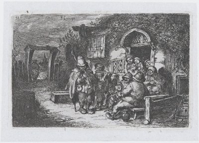 Tavla 18: gatumusikanter och andra figurer utanför en krog, från serien av tullar ..., 1850. av Francisco Lameyer Berenguer