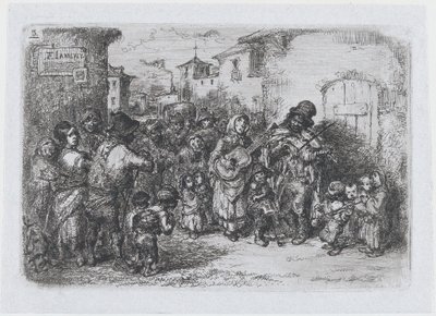 Platta 3: en grupp gatumusikanter, från serien av seder och fritidssysselsättningar från den spanska ..., 1850. av Francisco Lameyer Berenguer