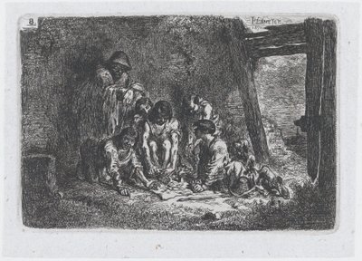 Tavla 8: en grupp figurer av vilka några spelar ett spel, från serien av tullar och..., 1850. av Francisco Lameyer Berenguer