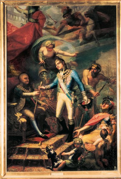 Karl IV av Spanien (1748-1819) utser Manuel Godoy (1767-1851) till amiral för flottan av Francisco Llacer y Valdermont