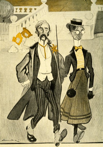 Ett engelskt par i Frankrike som hånas för deras konstiga modekänsla, 1903 av Francisco Sancha y Lengo