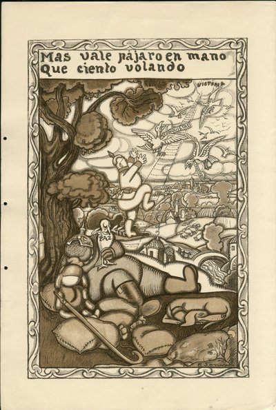 Illustration av Francisco Sancha Lengo (1874-1936) - Flying Leaf, ca. 1915 - Mer värd en fågel i handen än hundra flygande - Kriget 14 -18, Tyskland Preussen, krigande och symboler, Seger, Fred, Spanska språket, Utländsk press av Francisco Sancha y Lengo