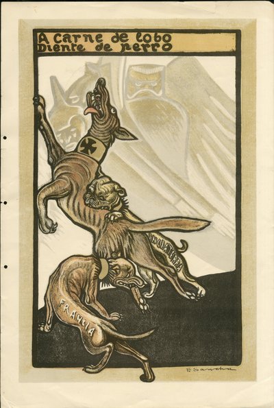 Illustration av Francisco Sancha Lengo (1874-1936) - Flygande löv, cirka 1915 - A carne de lobo diente de perro - Kriget 14 -18, Tyskland Preussen, England Storbritannien, stridande och symboler, Frankrike, Spanska språket, Utländsk press - Vilhelm II, Hun av Francisco Sancha y Lengo
