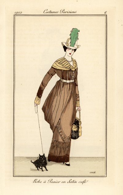 Kvinna i korgklänning i kaffefärgad satäng med husdjurshund, etsning från Tommaso Antonginis Journal des Dames et des Modes, Aux Bureaux du Journal des Dames, Paris av Francesc Xavier Gosé