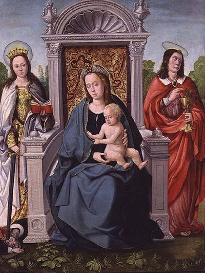 Madonna och barn med St. Catherine och St. John the Evangelist, ca 1530-40 (panel) av Francisco de (attr. to) Comontes