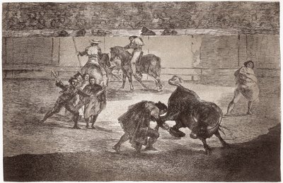 Tjurfäktning: en tjurfäktare går in på arenan för att döda tjuren med en hatt istället för muletan av Francisco de Goya