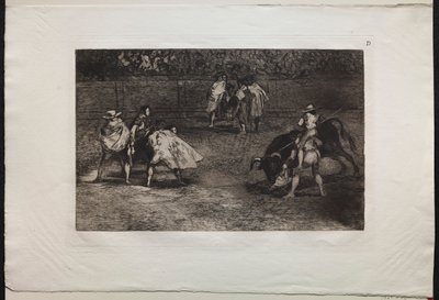 Tjurfäktningar: En tjurfäktare monterad på en assistents axlar och spjuts av en tjur av Francisco de Goya