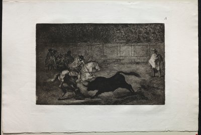 Tjurfäktningar: En spansk riddare som bryter korta spjut med hjälp av assistenter, 1876. av Francisco de Goya