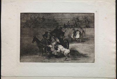 Tjurfäktningar: Fight in a Carriage Hasnessed to Two Mules, 1876. av Francisco de Goya