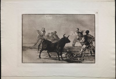 Tjurfäktningar: The Rabble Hamstringing the Bull with Lances, Sickles, Banderillas and Other Arms, 1876. av Francisco de Goya