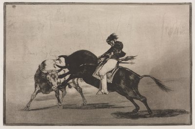 Tjurfäktningar: Samma Ceballos monterad på en annan tjur bryter korta spjut i ringen i Madrid av Francisco de Goya