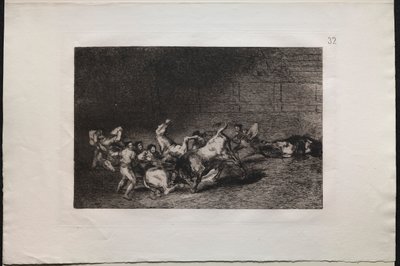 Tjurfäktningar: Två lag av Picadors kastade den ena efter den andra av en enda tjur, 1876. av Francisco de Goya