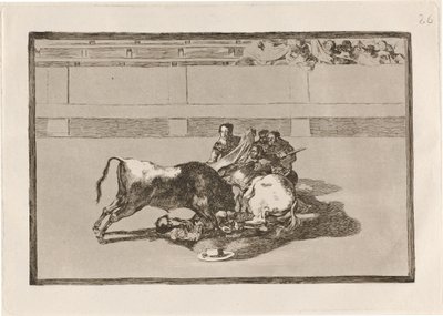 Fall av en picador från sin häst under tjuren (A Picador är unhorsed och faller under tjuren) av Francisco de Goya