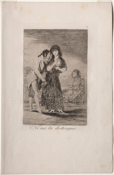Caprichos: Även så kan han inte göra henne ut. av Francisco de Goya