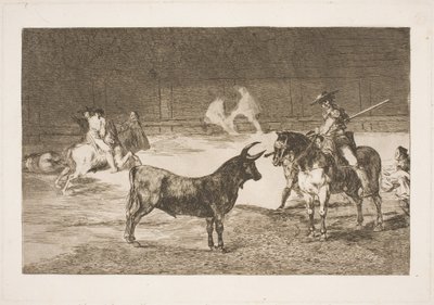 Den hyllade picadoren, Fernando del Toro, provocerar olme-tjuren med sin lans av Francisco de Goya