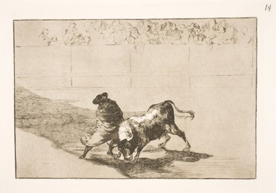 Den mycket begåvade studenten från Falces, draperad i sin kappa, lurar tjuren med kroppens rörelser av Francisco de Goya