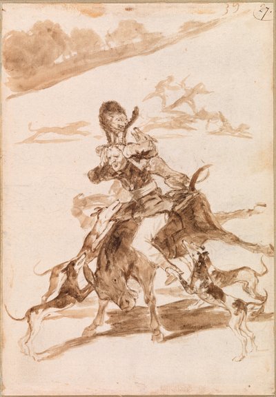 Hundar som jagar en katt på en man på en åsna av Francisco de Goya