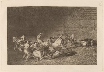 Två lag av Picadors kastade efter varandra av en enda tjur av Francisco de Goya