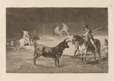 Den hyllade Fernando del Toro, barilarguero, tvingar odjuret med sin stång (Den hyllade Picador, Fernando del Toro, drar det häftiga odjuret på med sin piké) av Francisco de Goya