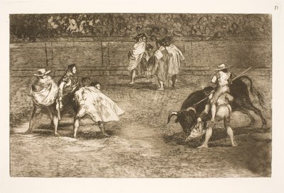 En tjurfäktare, som sitter på en assistents axlar, bommar för en tjur av Francisco de Goya