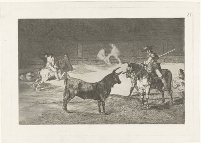 Fernando del Toro daagt en stier uit Den berömda Fernando del Toro, barilarguero, tvingar odjuret med sin stång Tjurfäktning (serietitel) Stierenvechten (serietitel) av Francisco de Goya