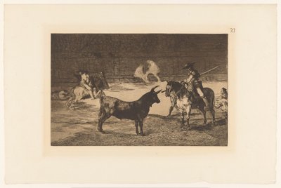 Fernando del Toro daagt en stier uit Den berömda Fernando del Toro, barilarguero, tvingar odjuret med sin stång Stierengevechten (serietitel) La Taureamachie (serietitel) Tjurfäktning (serietitel) av Francisco de Goya