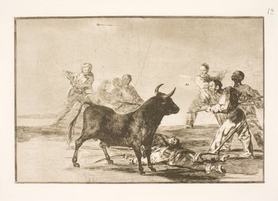 Folket sticker tjuren med lansar, skäror, banderillas och andra vapen av Francisco de Goya
