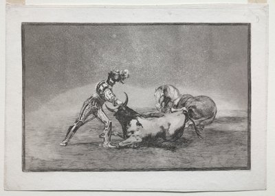 La Tauromaquia: En spansk riddare dödar tjuren efter att ha förlorat sin häst av Francisco de Goya