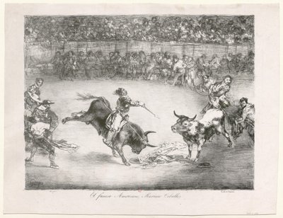[Les Taureaux de Bordeaux: Den berömde amerikanen Mariano Ceballos] av Francisco de Goya