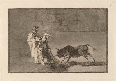 Los Moros hacen otro capeo en plaza con su albornoz (morerna gör en annorlunda lek i ringen kallar tjuren med sina brännande) av Francisco de Goya