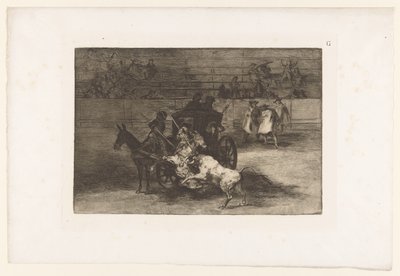 Män attackerar en tjur från en vagn Combat dans une voiture attelée de deux mulets Tjurfäktningar (serietitel) La Taureaumachie (serietitel) La Tauromaquia (serietitel) av Francisco de Goya