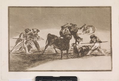 Morerna använder åsnor som en barriär för att försvara sig mot tjuren, vars horn har försetts med kulor av Francisco de Goya