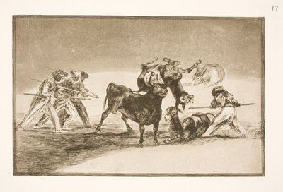 Morerna använder åsnor som en barriär för att försvara sig mot tjuren, vars horn har försetts med kulor av Francisco de Goya