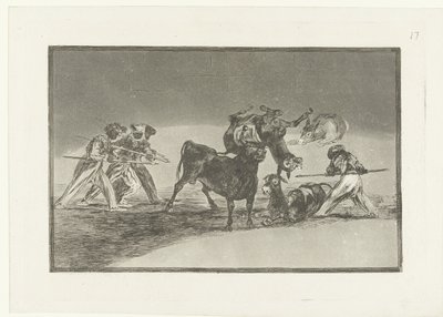 Morer och åsnor slåss mot en tjur Palenque de los Moros hecho con burros para defenderse del toro embolado La Tauromaquia (serietitel) Tjurfäktning (serietitel) av Francisco de Goya