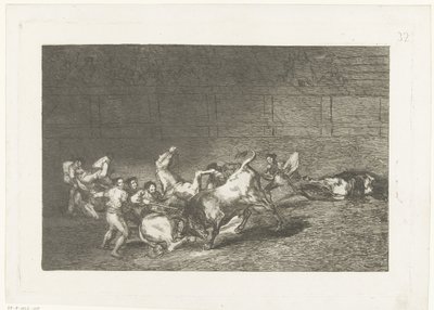 Picador steekt een lans in en stier Två grupper av picadorer överväldigade följt av en enda tjur Tjurfäktning (serietitel) Stierenvechten (serietitel) av Francisco de Goya