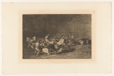 Picador steekt een lans in en stier Två grupper av picadorer körs över i rad av en enda tjur Stierengevechten (serietitel) La Taureamachie (serietitel) Tjurfäktning (serietitel) av Francisco de Goya