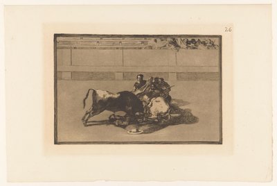 Picador ramlade av sin häst Caida de un picador de su caballo debajo del toro Tjurfäktningar (serietitel) La Taureaumachie (serietitel) La Tauromaquia (serietitel) av Francisco de Goya