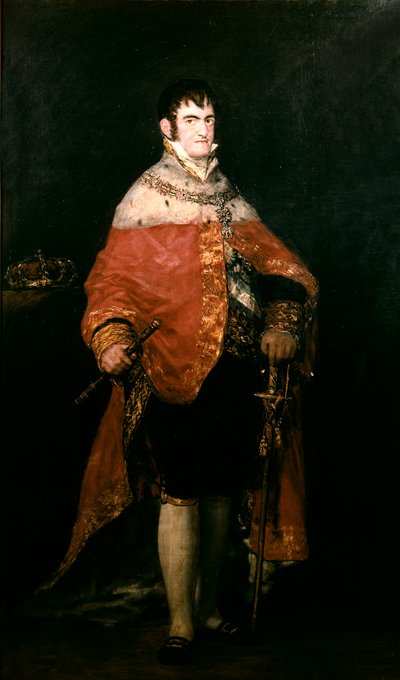 Porträtt av kungen av Spanien, Ferdinand VII (1784-1833) med sin kungliga mantel av Francisco de Goya