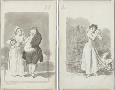 Prostituerad som söker en fet, ful man (recto); Ung kvinna vrider sina händer över en mans nakna kropp (verso) av Francisco de Goya