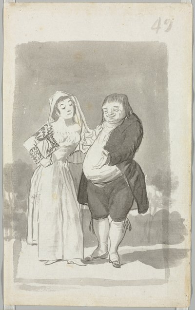 Prostituerad värva en fet, ful man recto, ung kvinna vrider sina händer...verso, 1796-97. av Francisco de Goya
