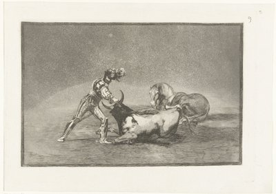 Spanse rider doody på stier En spansk riddare dödar en tjur efter att ha förlorat sin häst Stierenvechten (serietitel) Tjurfäktning (serietitel) av Francisco de Goya