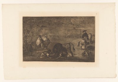 Tjur attackerad av hundar Les chiens laughés sur le taureau Tjurfäktning (serietitel) La Taureaumachie (serietitel) La Tauromaquia (serietitel) av Francisco de Goya