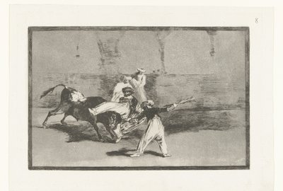 Oxen grips av tjurfäktare Cogida de un Moro estando en la plaza Tjurfäktning (serietitel) La Tauromaquia (serietitel) av Francisco de Goya