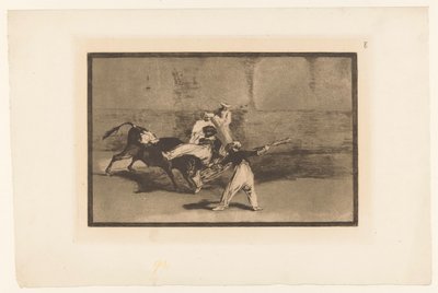 Oxen grips av tjurfäktare Cogida de un Moro estando en la plaza Tjurfäktningar (serietitel) La Taureaumachie (serietitel) La Tauromaquia (serietitel) av Francisco de Goya
