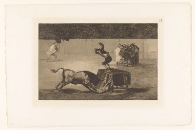 Tjurfäktare står på ett bord i arenan Otra locura suya och la misma plaza Tjurfäktningar (serietitel) La Taureaumachie (serietitel) La Tauromaquia (serietitel) av Francisco de Goya
