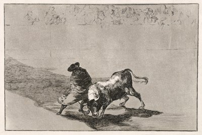 Falkens smarte elev gör tjuren rasande genom att röra sig inlindad i sin mantel, 1814-16 av Francisco de Goya