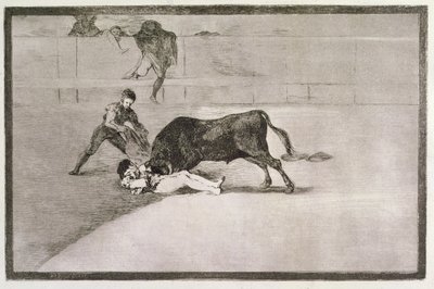Den olyckliga döden av Pepe Hillo (Jose Delgado) i ringen i Madrid den 11 maj 1801, skylt 33 av "The Art of Bullfighting", pub. 1816 av Francisco de Goya